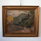 Quadro doppio a olio su tavola con paesaggi delle colline tosco-romagnole, firmato Ettore Bocchini – cornice dorata sul fronte, scena agreste sul retro
