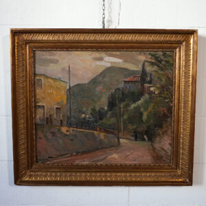 Quadro doppio a olio su tavola con paesaggi delle colline tosco-romagnole, firmato Ettore Bocchini – cornice dorata sul fronte, scena agreste sul retro