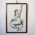 Disegno a carboncino raffigurante Eva, ispirato alla figura di Michelangelo nella Cappella Sistina, firmato Gaspare Gambi e datato 1907, incorniciato con vetro.