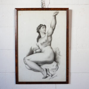 Disegno a carboncino raffigurante Eva, ispirato alla figura di Michelangelo nella Cappella Sistina, firmato Gaspare Gambi e datato 1907, incorniciato con vetro.