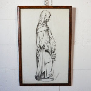 Disegno a carboncino raffigurante Santa Marta, firmato Gaspare Gambi e datato 1907, incorniciato con vetro e appeso a una parete