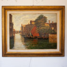 Dipinto a olio su tavola con veduta veneziana e veliero rosso, firmato M. Gasparini, omaggio al Maestro Ciardi