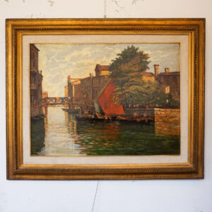 Dipinto a olio su tavola con veduta veneziana e veliero rosso, firmato M. Gasparini, omaggio al Maestro Ciardi