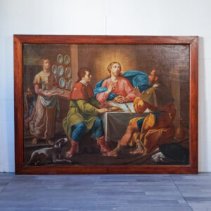 Dipinto antico raffigurante la Cena in Emmaus, olio su tela del XVIII secolo, scuola italiana, con cornice in legno massello