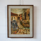 Dipinto olio su tela firmato Giampaolo Masotti, 1970, raffigurante un uomo seduto in un borgo italiano, incorniciato