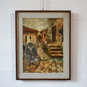 Dipinto olio su tela firmato Giampaolo Masotti, 1970, raffigurante un uomo seduto in un borgo italiano, incorniciato