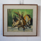 Natura morta di cacciagione, olio su masonite firmato C. Guardigli 1973, Italia.