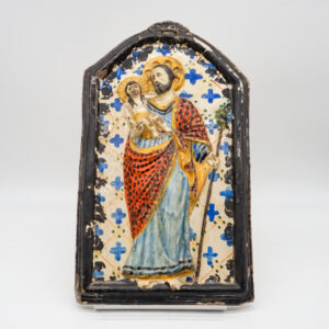 Piastra votiva in terracotta invetriata con San Giuseppe e Bambino, Italia XIX secolo.